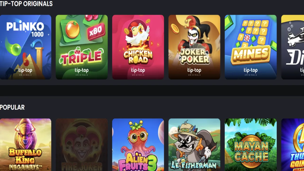 De spellencatalogus van TipTop met categorieën voor gokkasten, live en instant